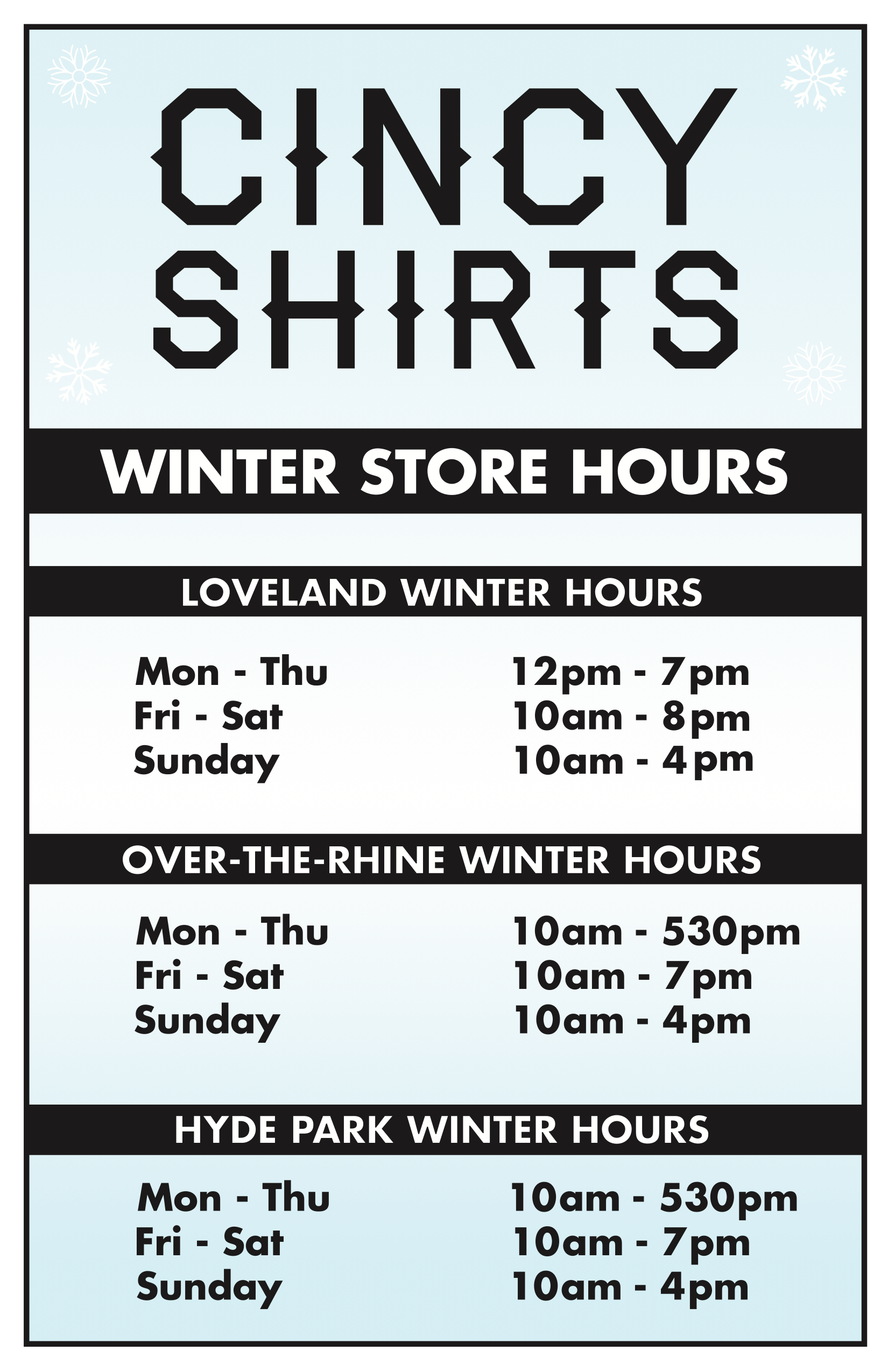 Updated Cincy Shirts' Winter Hours!
