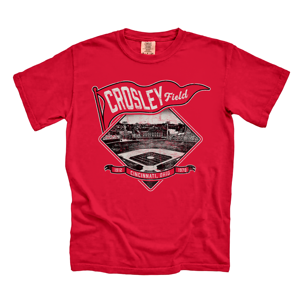 Vintage-inspired Crosley Field Classic Pennant Tee featuring a retro baseball design.