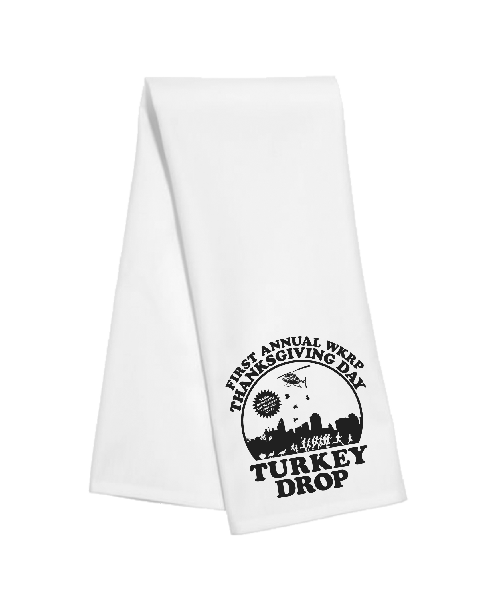 First Annual WKRP Thanksgiving Turkey Drop Tea Towel