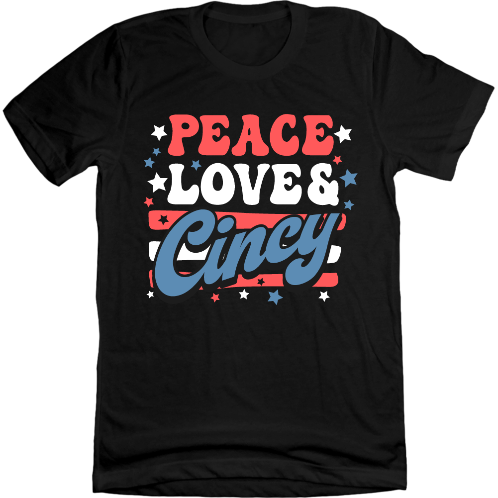 Peace, Love & Cincy black T-shirt Cincy Shirts