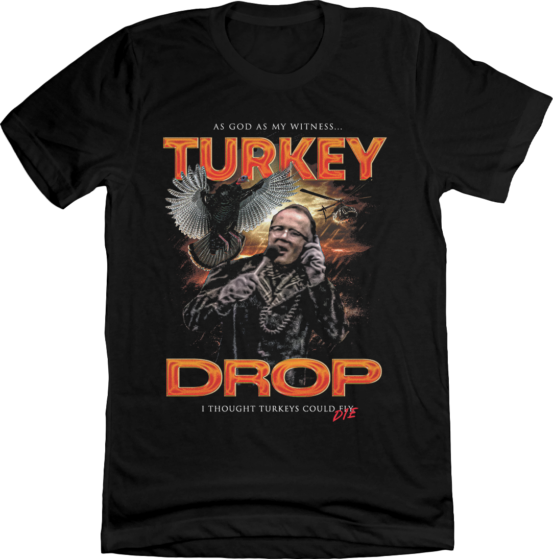 WKRP Turkey Drop Les Nessman Image Cincy ShirtsWKRP Turkey Drop Les Nessman Image Black T-shirt Cincy Shirts