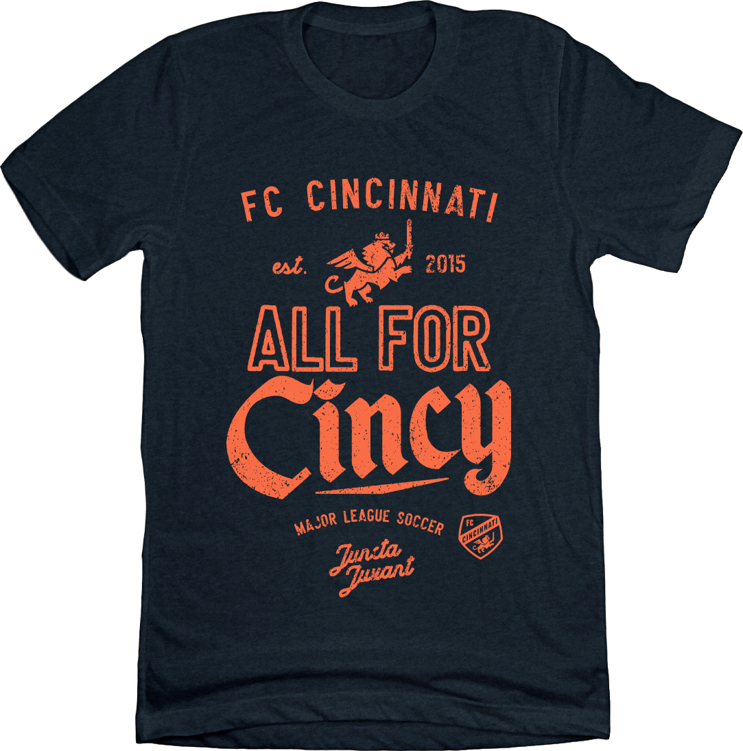 FC Cincinnati: All for Cincy Large Script Orange Ink Cincy Shirts