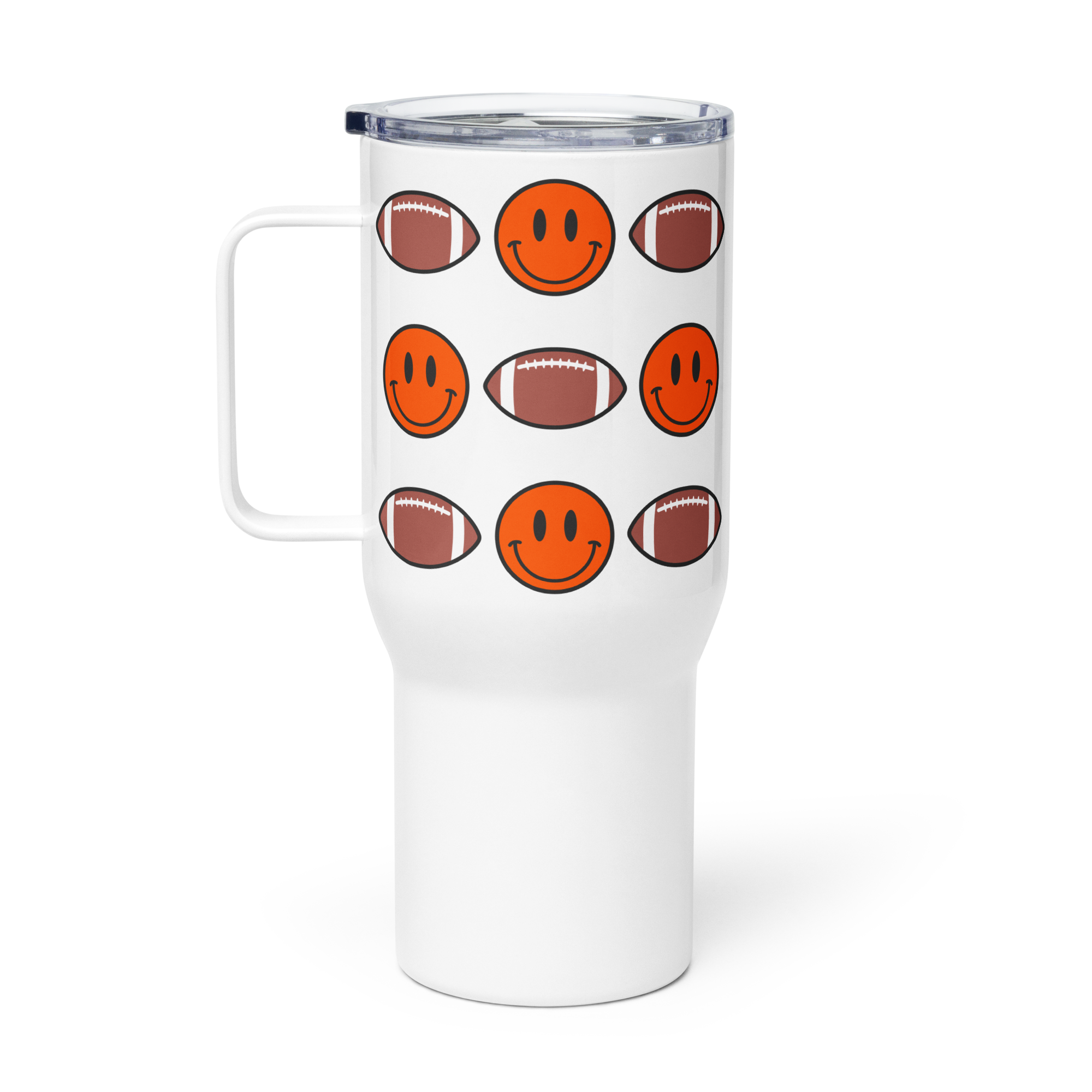 Smiley Face Football Travel mug with a handle