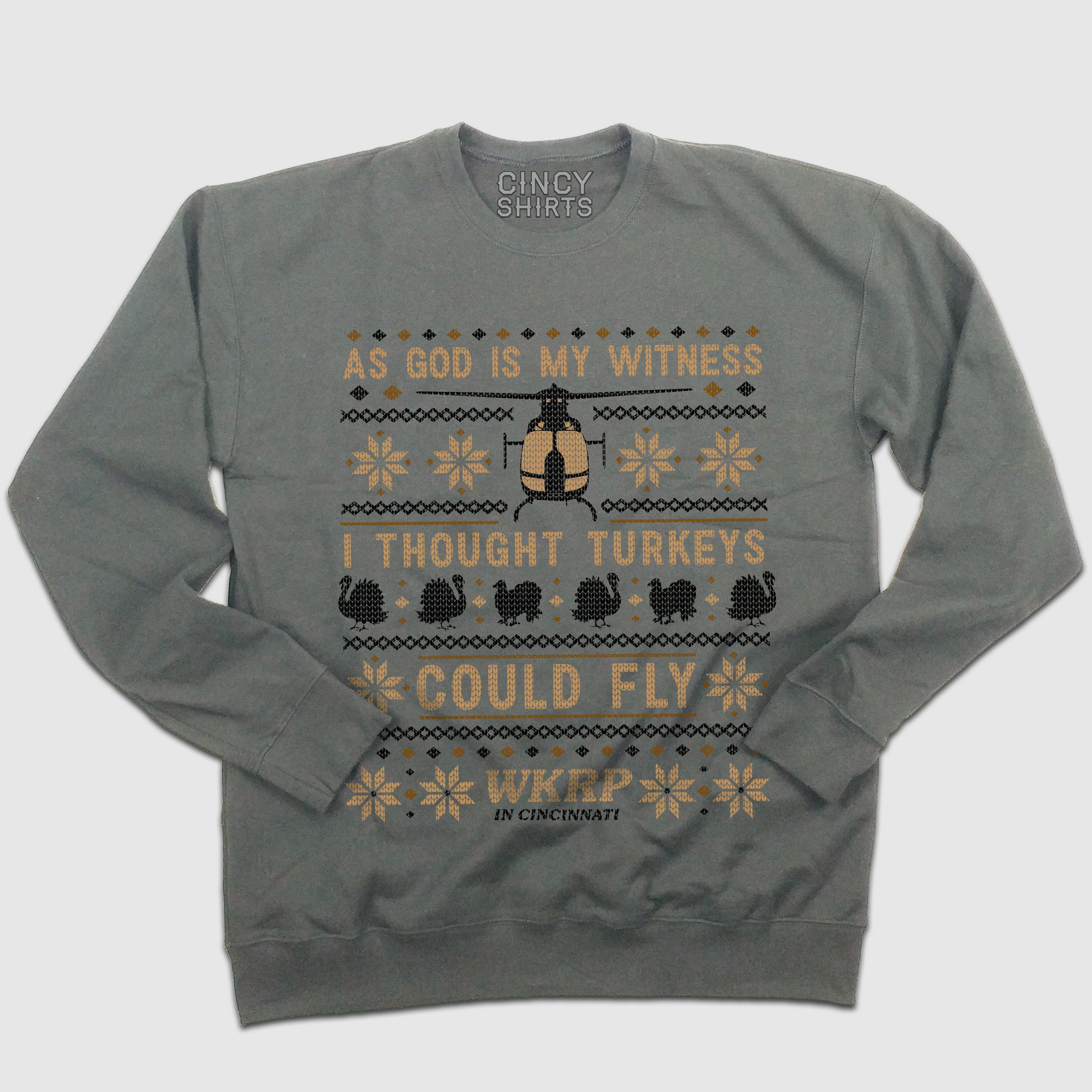 WKRP "I Thought Turkeys Could Fly" - Ugly Thanksgiving Sweatshirt - Cincy Shirts