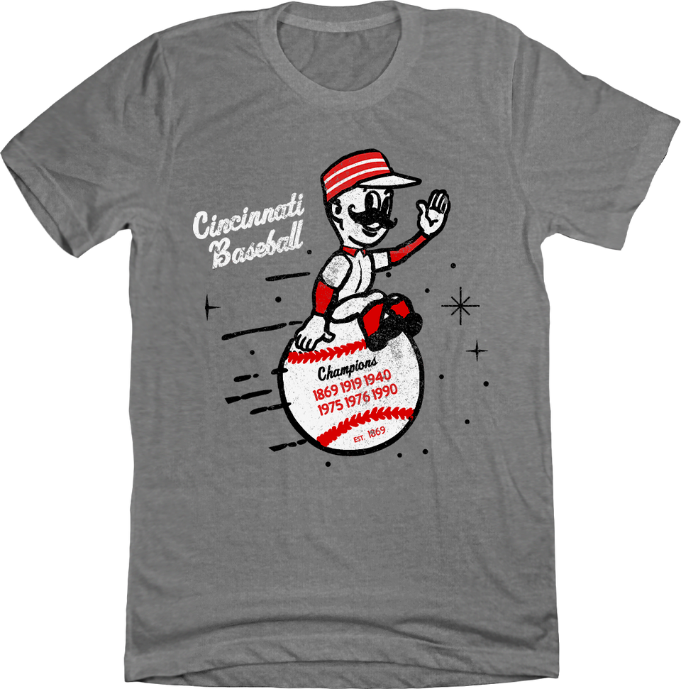 Cincinnati Baseball - Vintage Mascot Champions Grey T-shirt Cincy Shirts