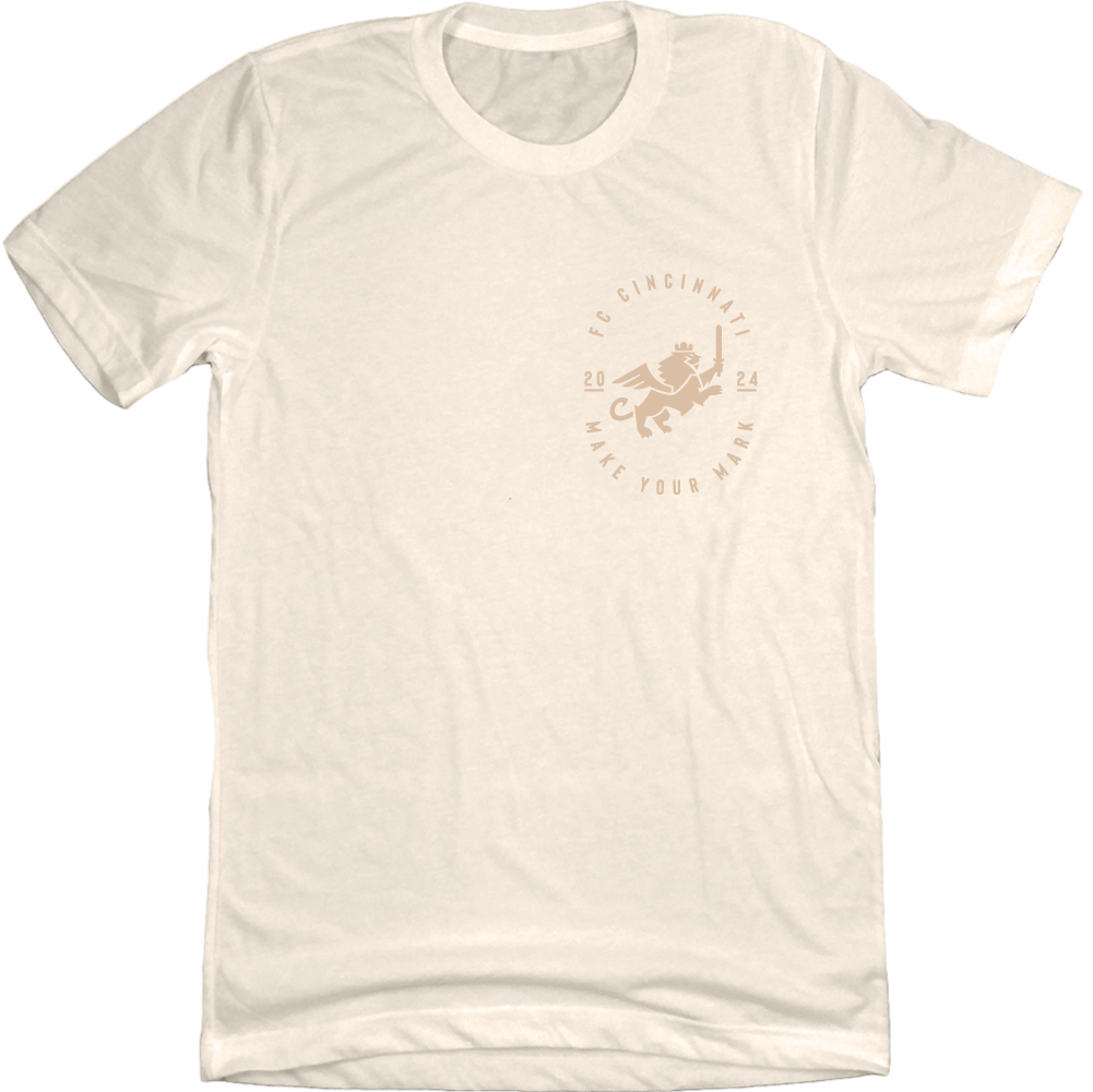 FC Cincinnati Cream Kit Tee: Cincinnati Make Your Mark Left Chest Cincy Shirts