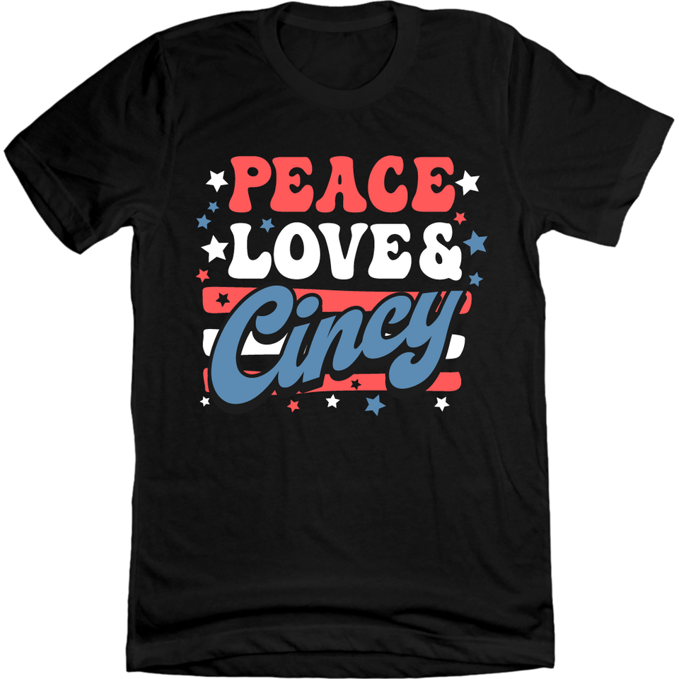 Peace, Love & Cincy black T-shirt Cincy Shirts