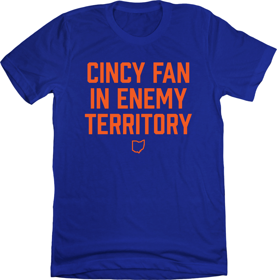 Cincy Fan in Enemy Territory Royal with Orange Ink T-shirt Cincy Shirts