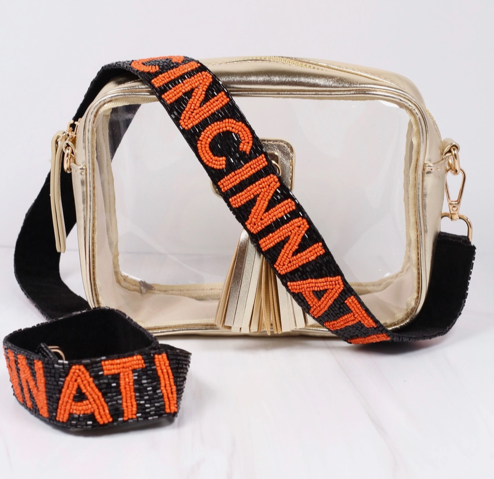 Cincinnati Football Beaded Bag Strap - Black & Orange Model Photo