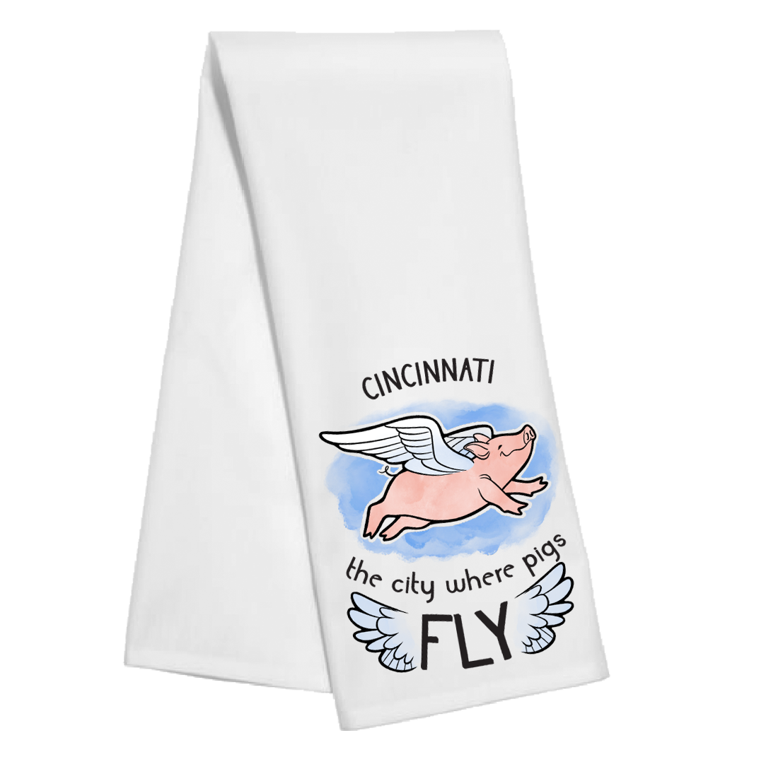 The City Where Pigs Fly Tea Towel