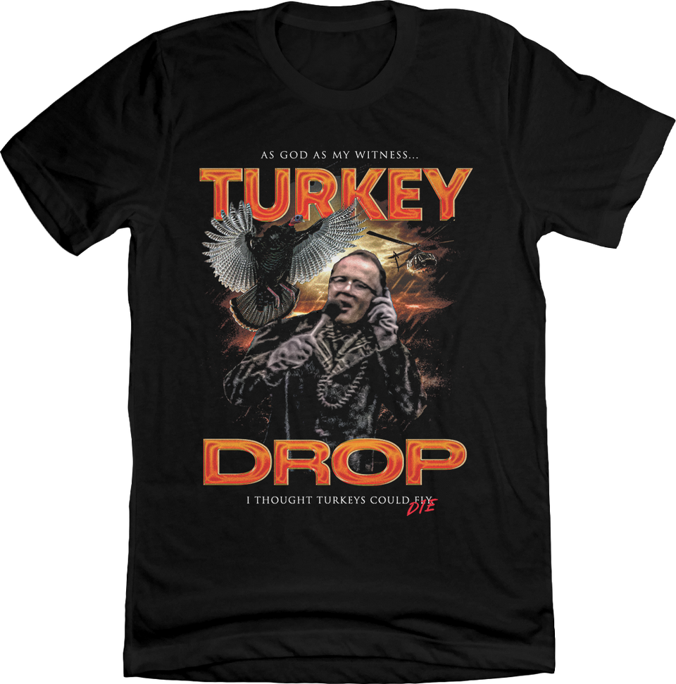 WKRP Turkey Drop Les Nessman Image Cincy ShirtsWKRP Turkey Drop Les Nessman Image Black T-shirt Cincy Shirts