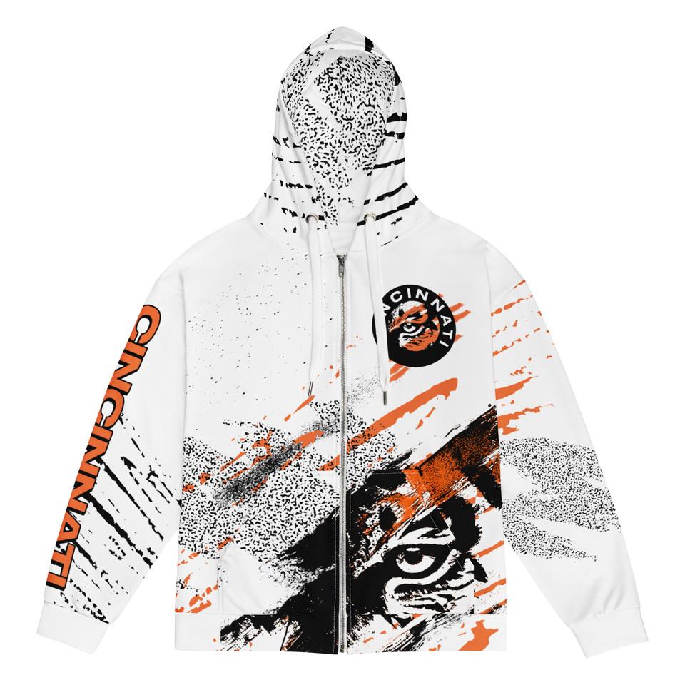 Unisex Cincinnati Football White Retro Grunge Zip hoodie