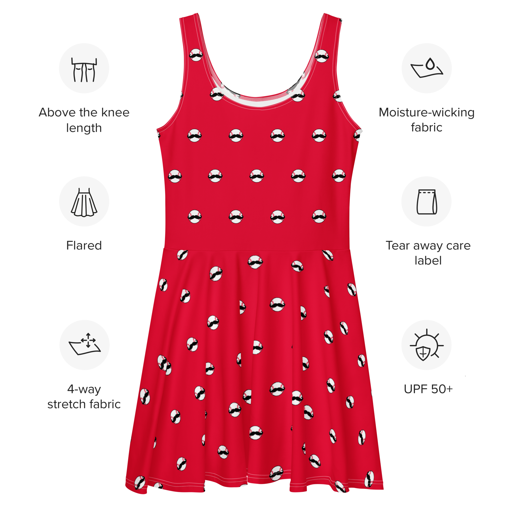 Red Baseball Mustache Skater Dress - 2XL Red Baseball Mustache Skater Dress - 2XL
