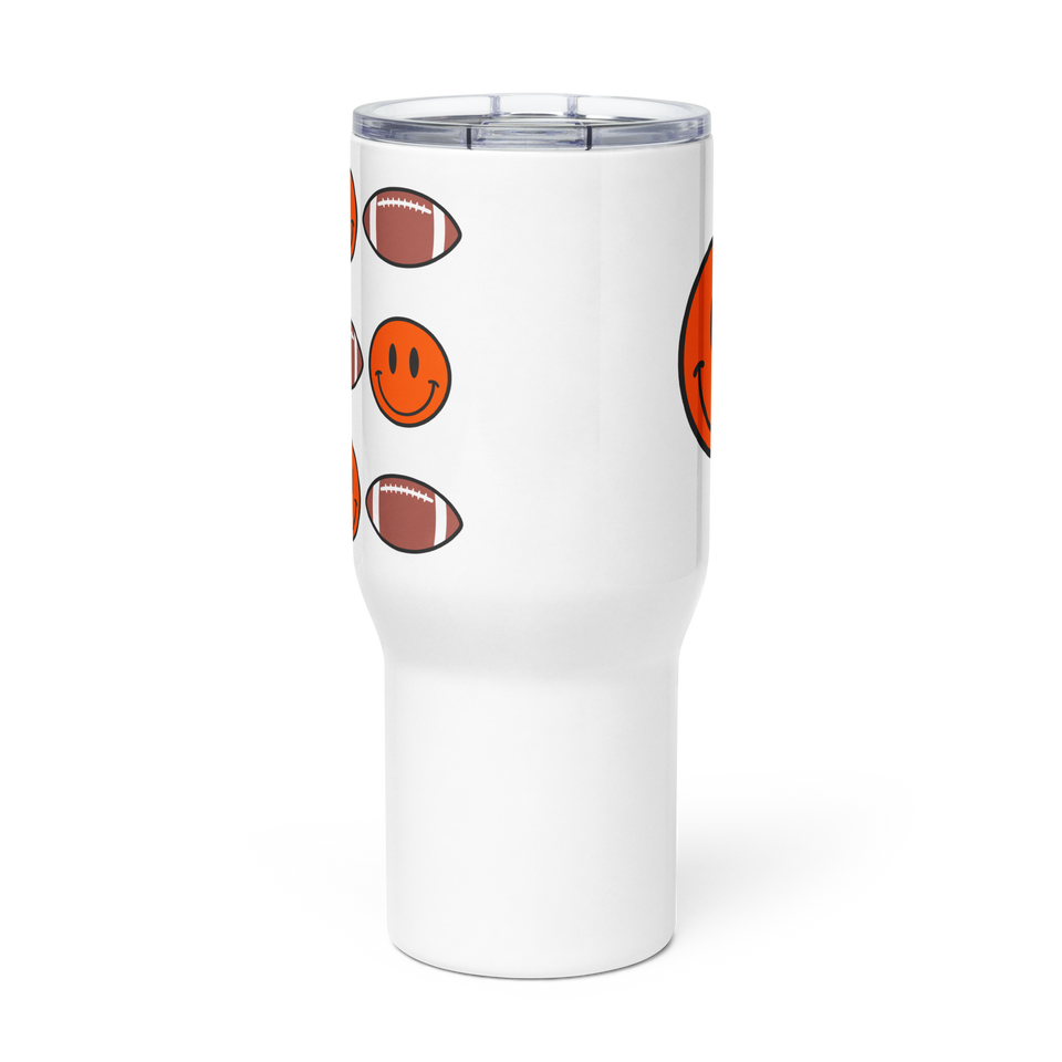 Smiley Face Football Travel mug with a handle