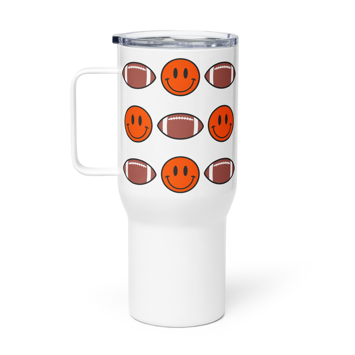 Smiley Face Football Travel mug with a handle