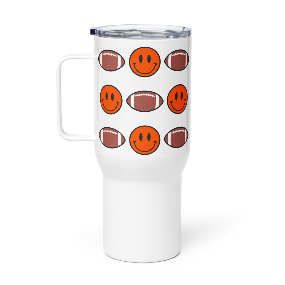 Smiley Face Football Travel mug with a handle