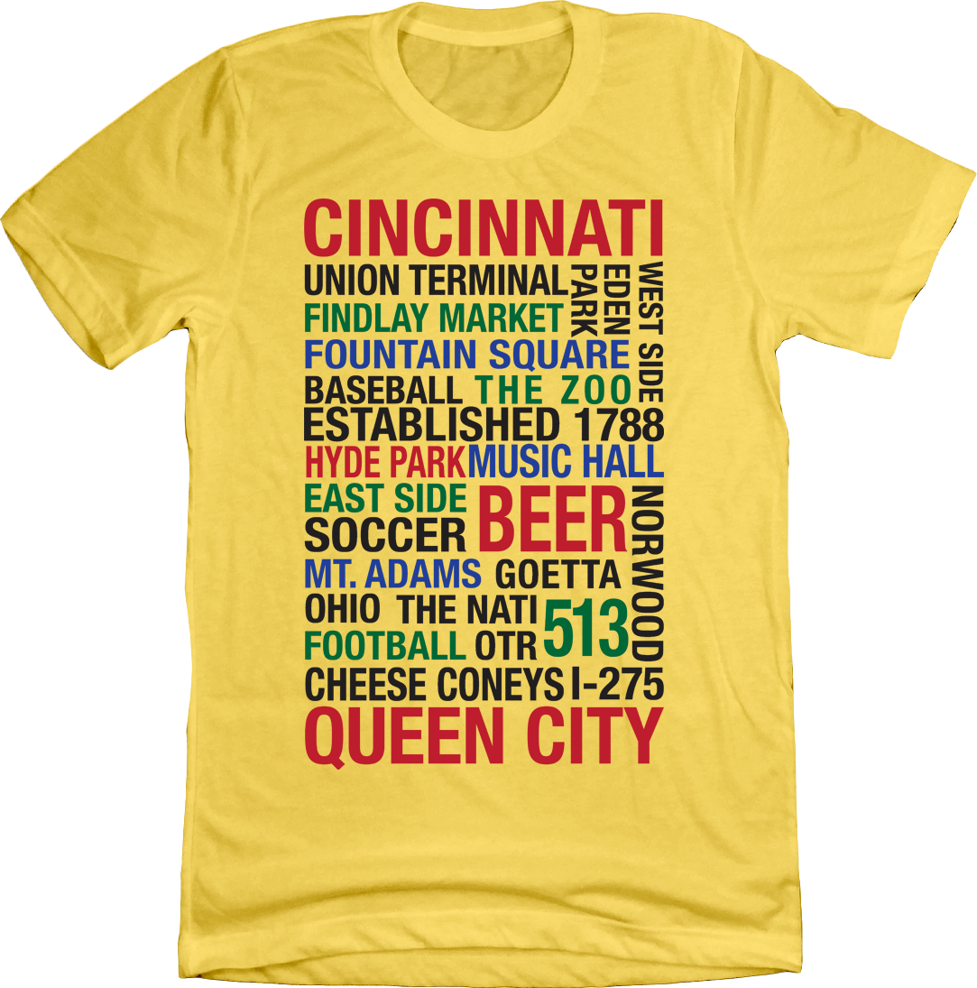 Cincinnati Word Cloud Yellow T-shirt Cincy Shirts