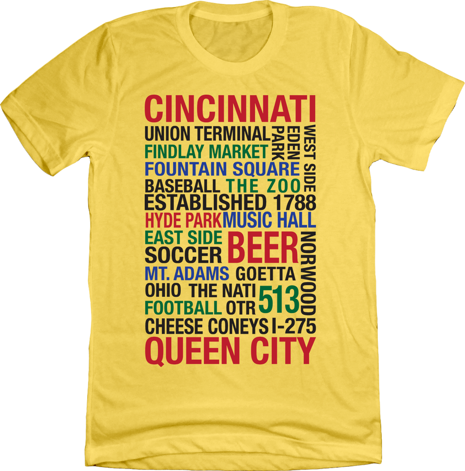 Cincinnati Word Cloud Yellow T-shirt Cincy Shirts