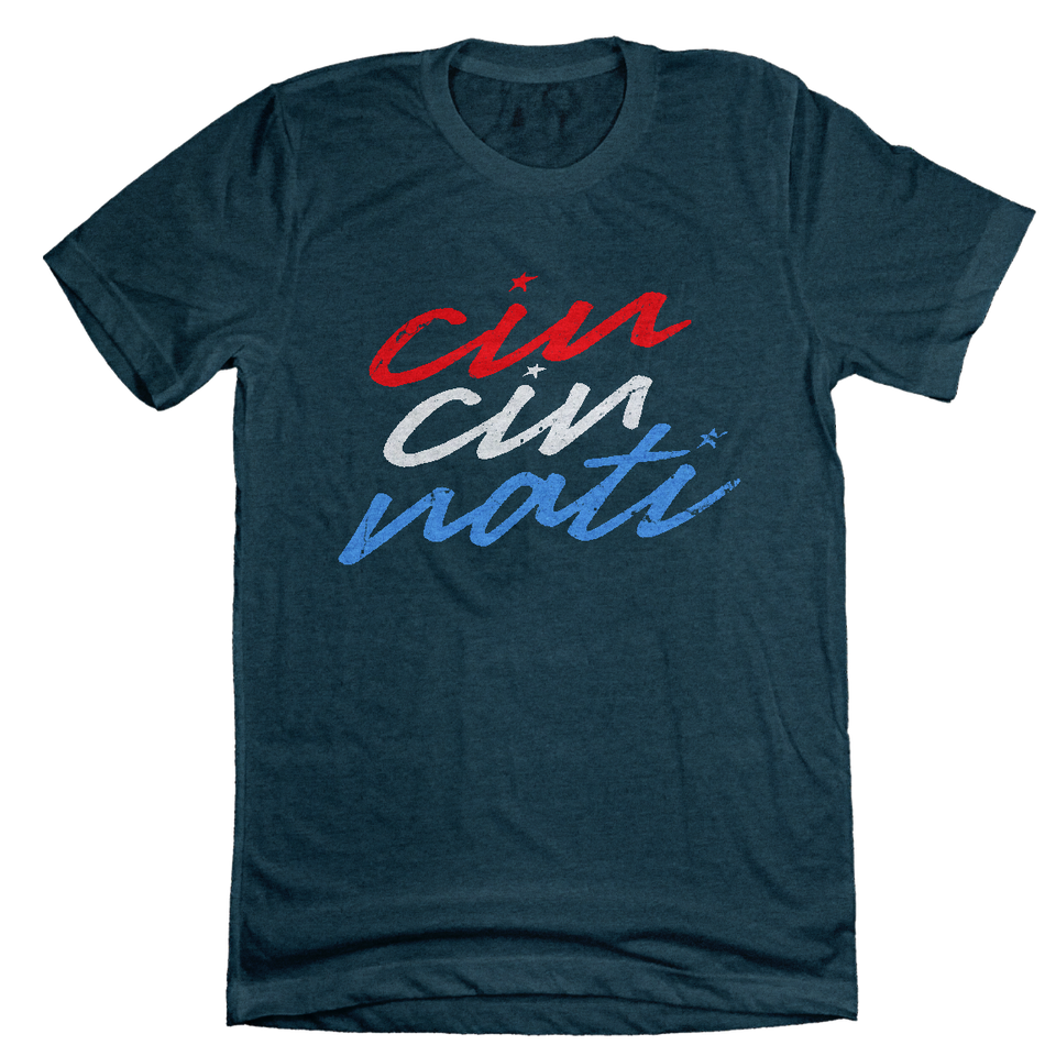 Cin Cin Nati Red White Blue Script - Cincy Shirts