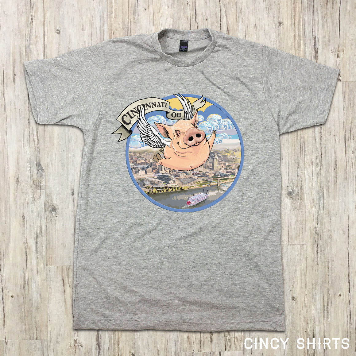Flying Pig Over City - Cincy Shirts