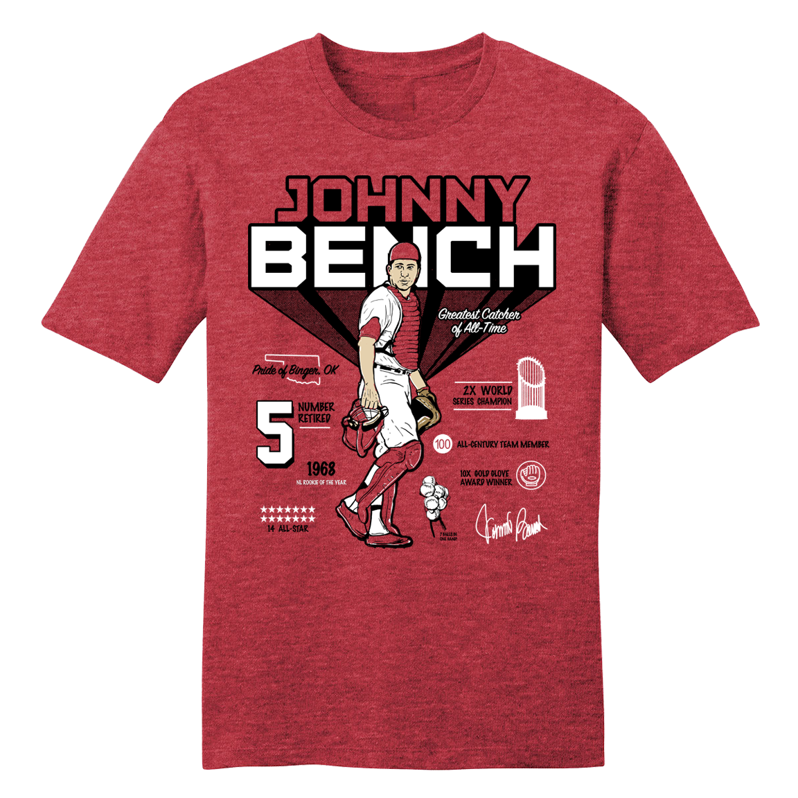 Johnny Bench All-Time Greatest Catcher | Cincinnati Baseball Apparel | Cincy Shirts Unisex T-Shirt / Heather Red / L