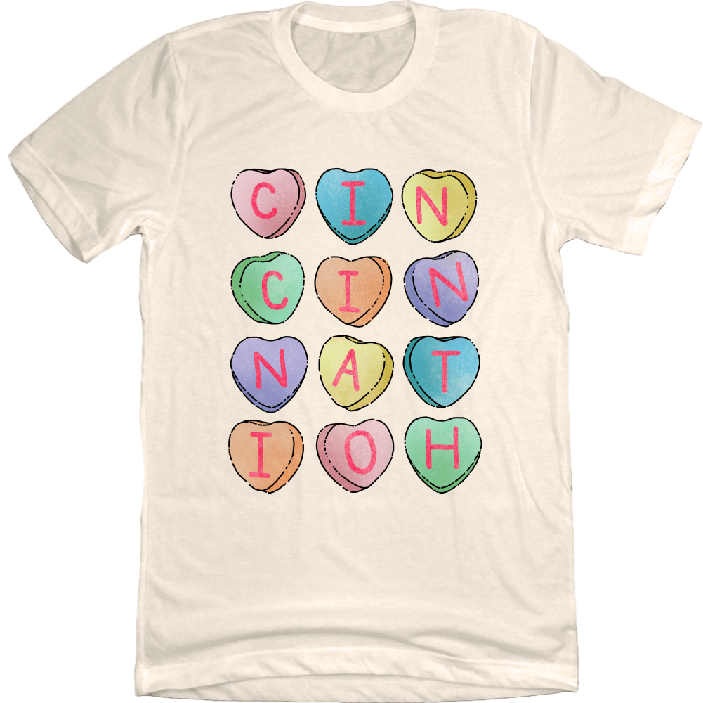 Cin Cin Nati Candy Hearts natural white tee Cincy Shirts